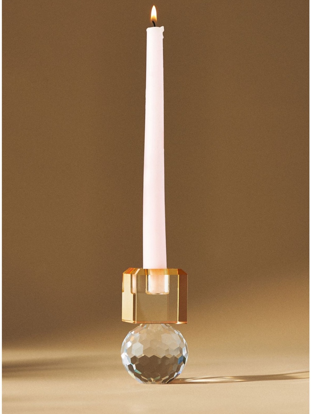 Faceted Crystal Globe Candle Holder with Amber Accent